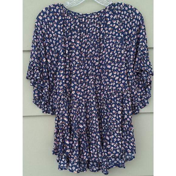 Rewind Tiered Ruffle Flutter Sleeve Cottage Boho Blouse Top Blue Floral M Rayon - Picture 6 of 11